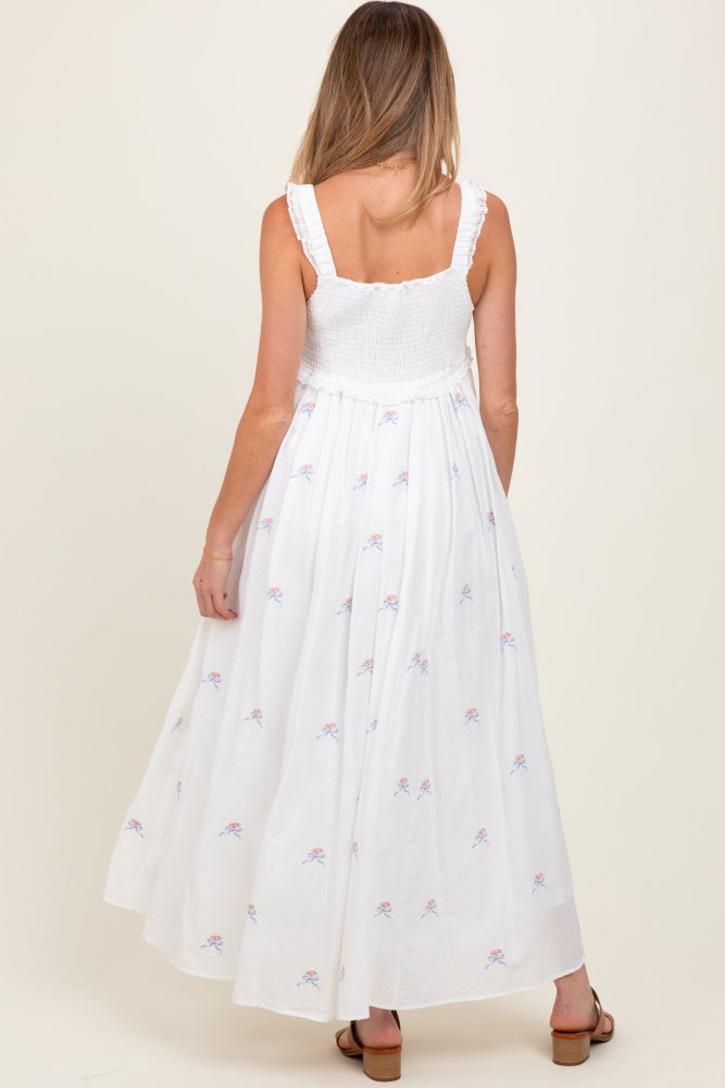 White Embroidered Front Bow Tie Maternity Maxi Dress
