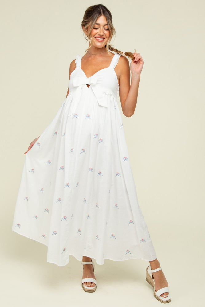 White Embroidered Front Bow Tie Maternity Maxi Dress