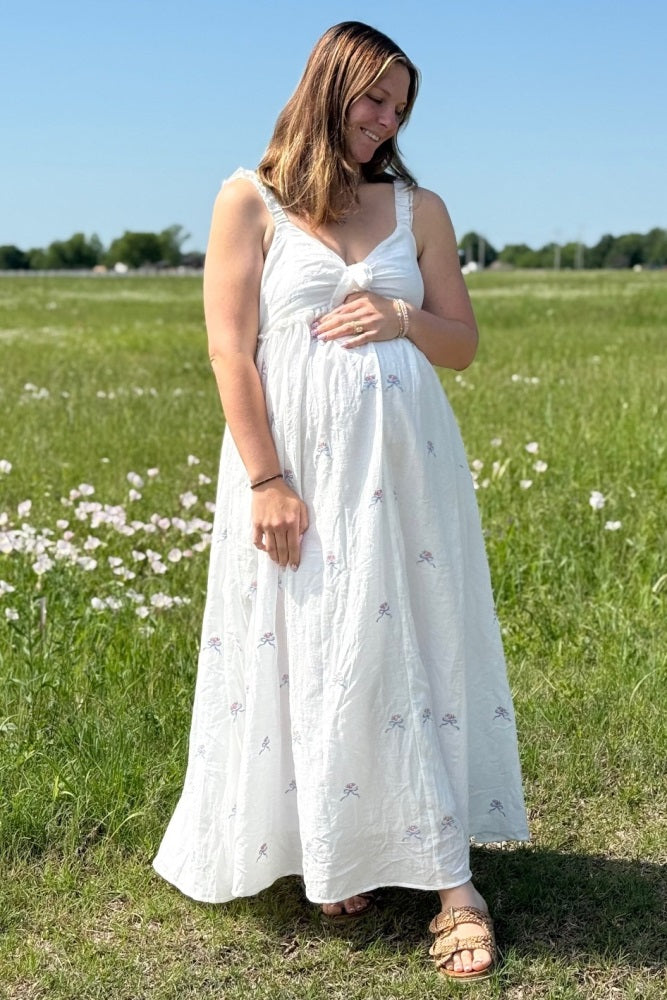 White Embroidered Front Bow Tie Maternity Maxi Dress