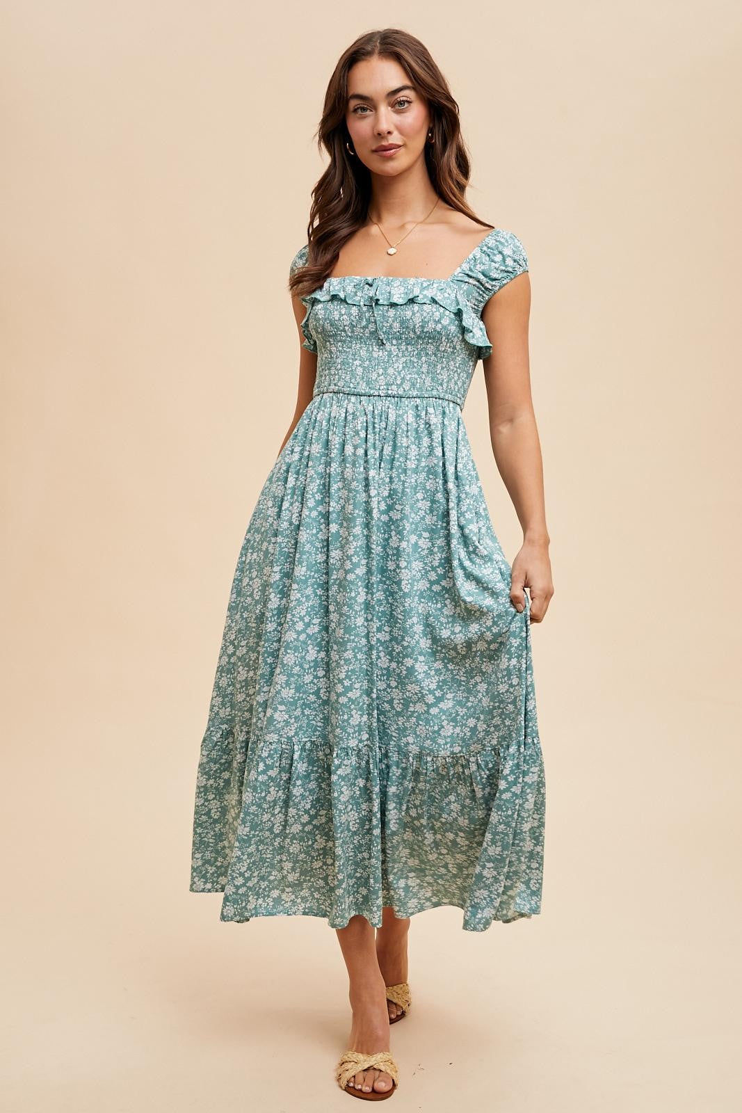 Light Olive Floral Smocked Ruffle Detail Maternity Midi Dress