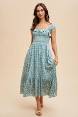 Light Olive Floral Smocked Ruffle Detail Maternity Midi Dress