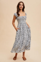 White Floral Smocked Ruffle Detail Maternity Midi Dress