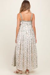 Light Olive Floral Sleeveless Side Panel Maternity Maxi Dress