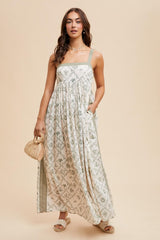 Light Olive Floral Sleeveless Side Panel Maternity Maxi Dress