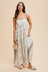 Light Olive Floral Sleeveless Side Panel Maxi Dress
