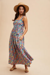 Blue Floral Scallop Detail Sleeveless Maxi Dress