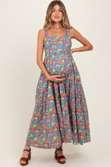 Blue Floral Scallop Detail Sleeveless Maternity Maxi Dress