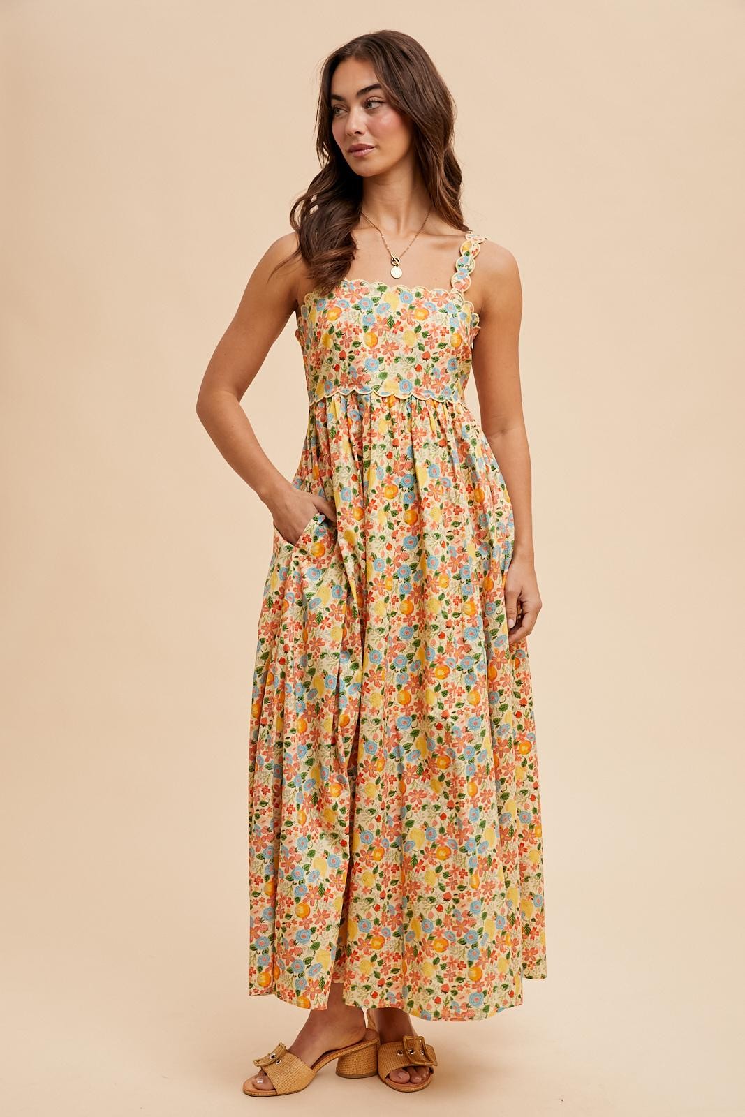 Yellow Floral Scallop Detail Sleeveless Maxi Dress