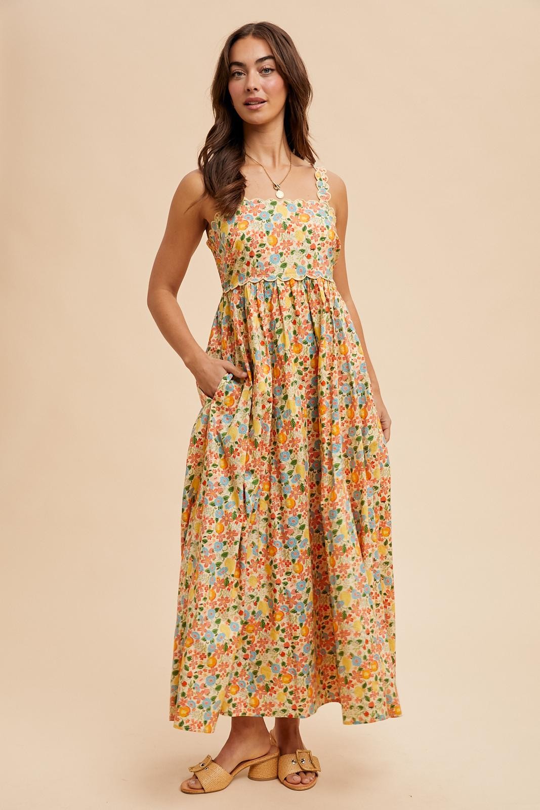 Yellow Floral Scallop Detail Sleeveless Maxi Dress