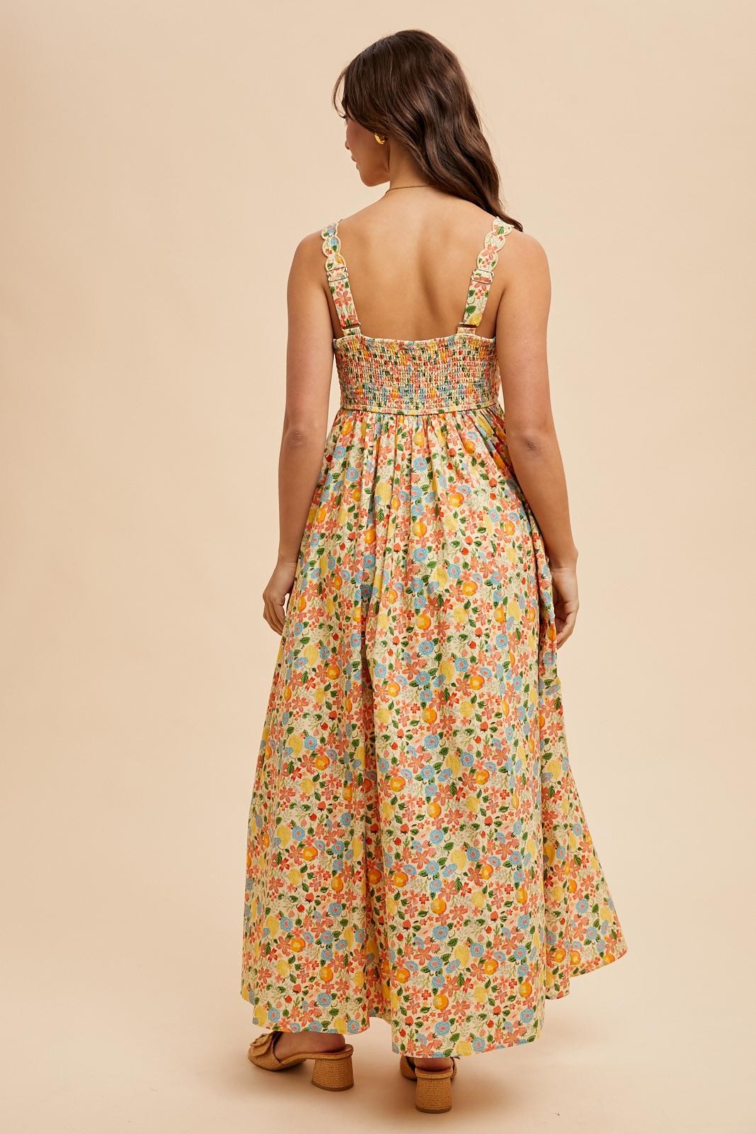 Yellow Floral Scallop Detail Sleeveless Maxi Dress
