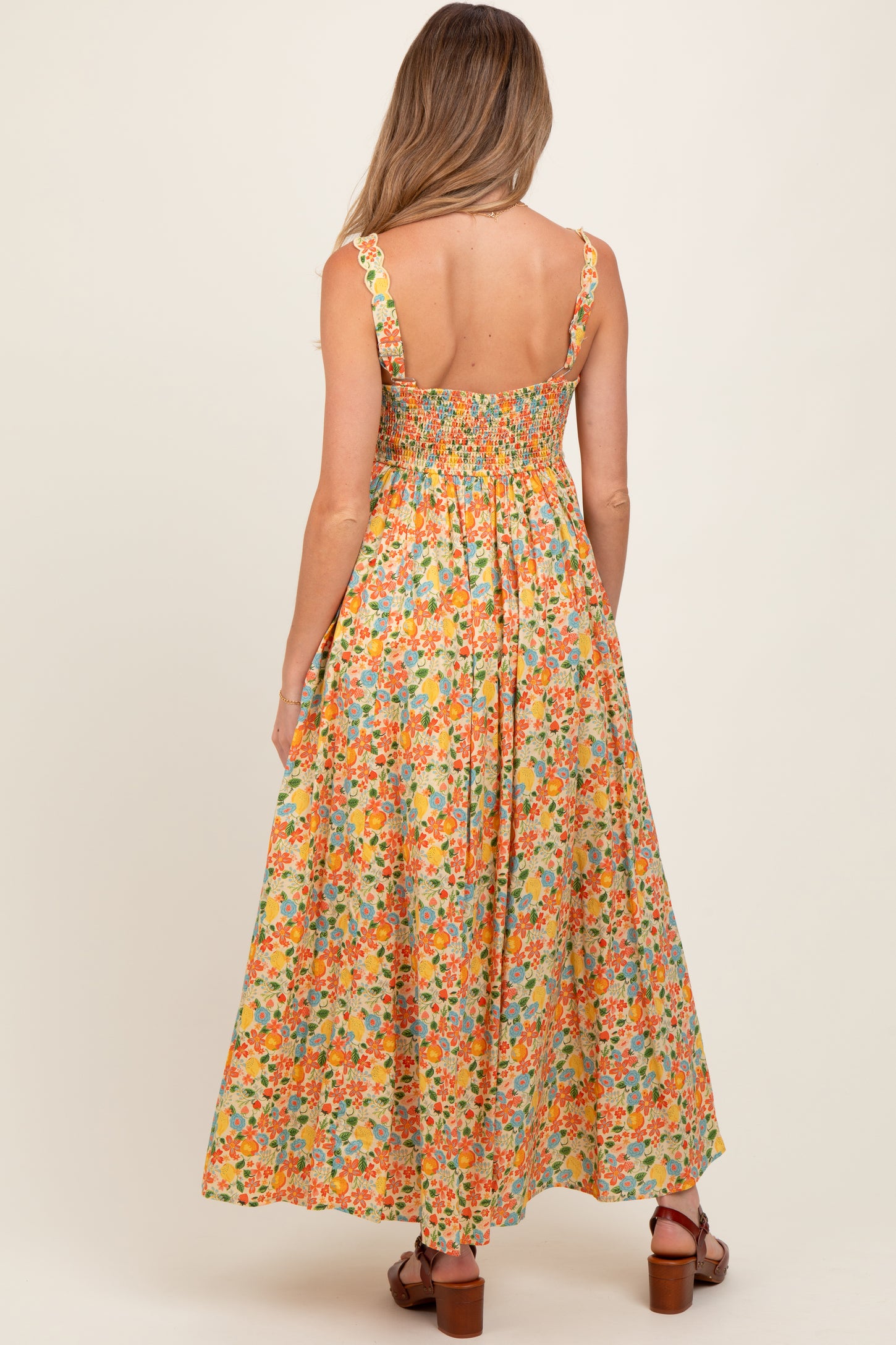 Yellow Floral Scallop Detail Sleeveless Maternity Maxi Dress