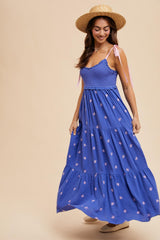 Royal Blue Embroidered Smocked Shoulder Tie Maxi Dress