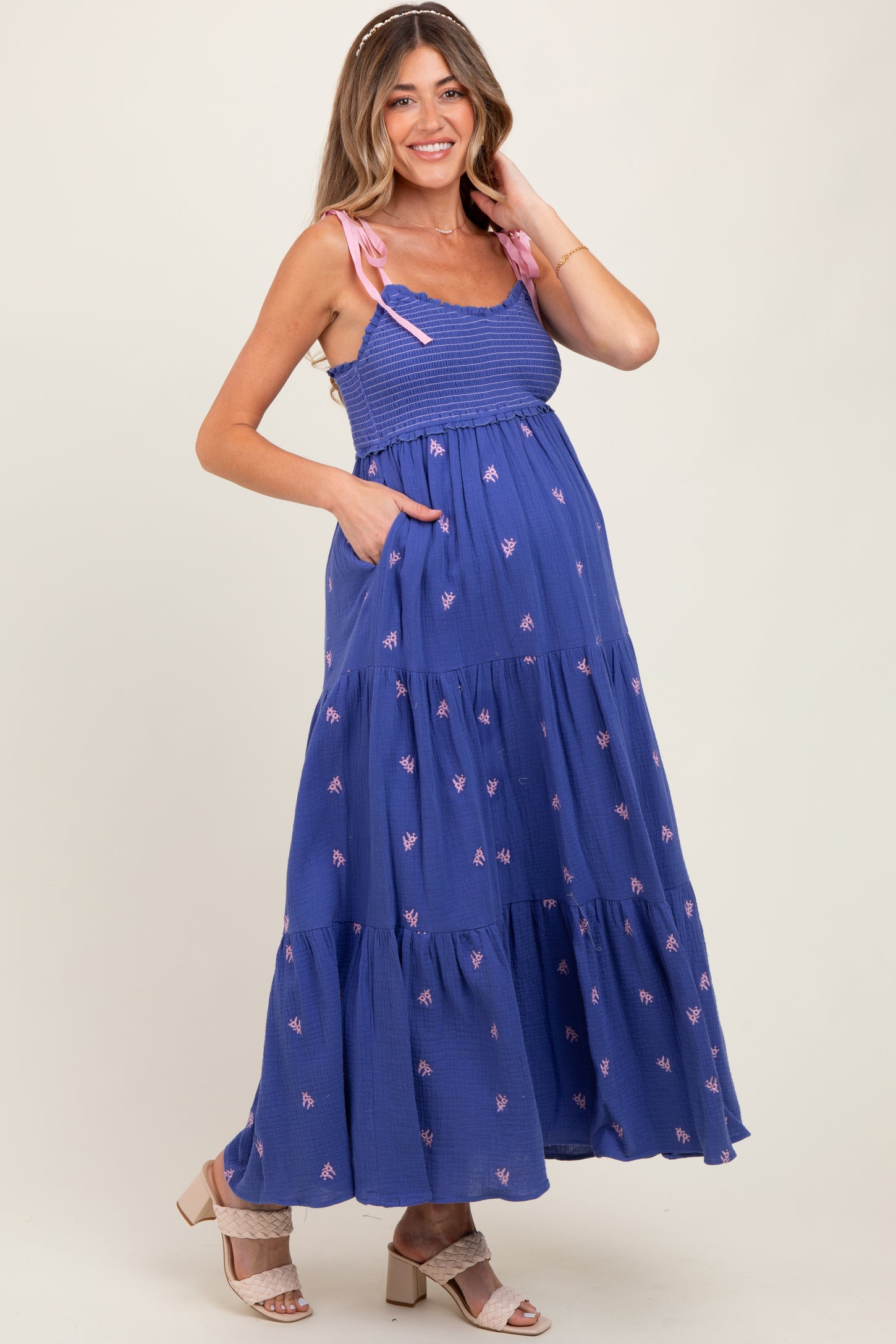 Royal Blue Embroidered Smocked Shoulder Tie Maternity Maxi Dress
