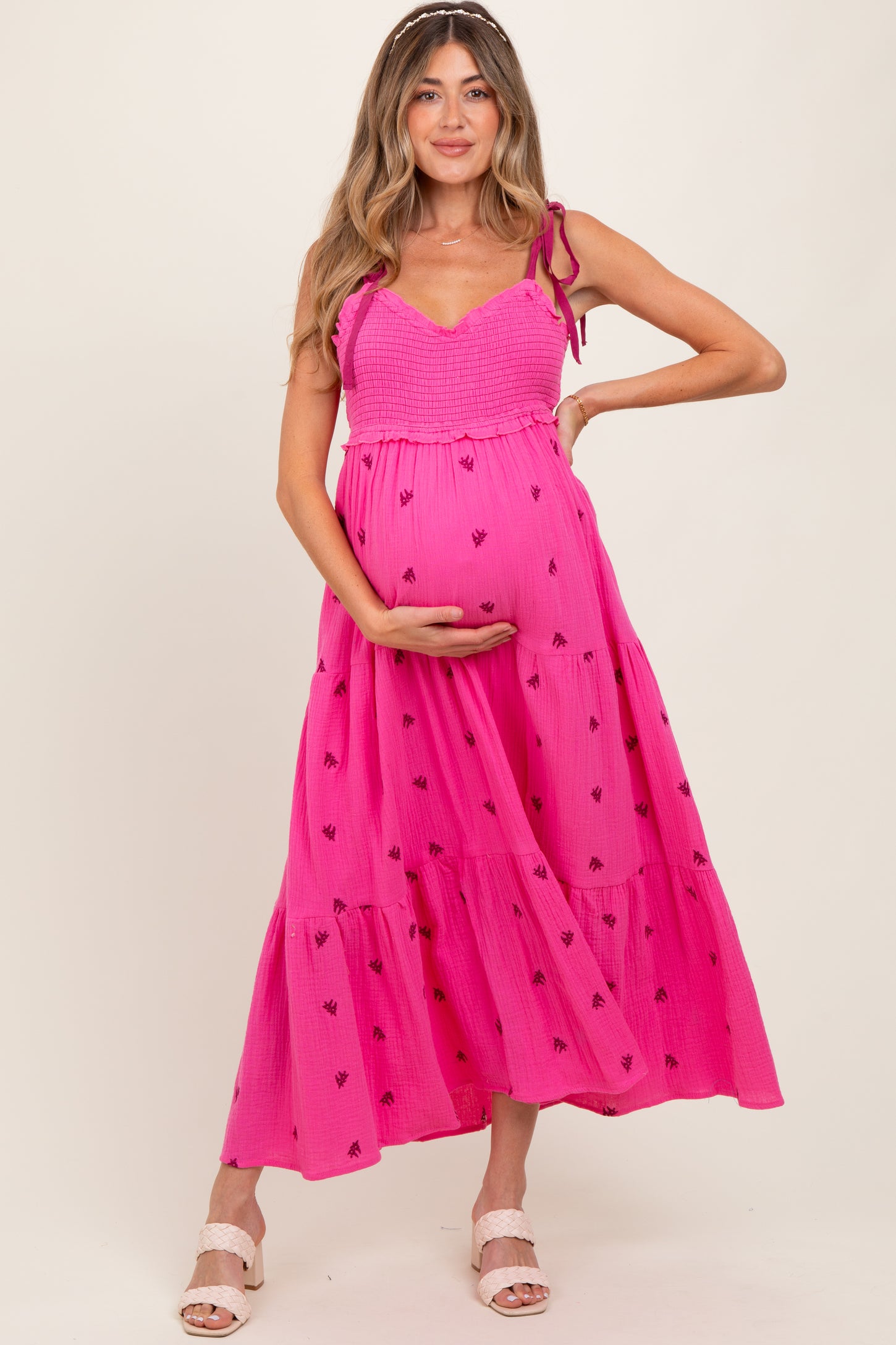 Pink Embroidered Smocked Shoulder Tie Maternity Maxi Dress