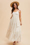 Cream Embroidered Smocked Shoulder Tie Maxi Dress