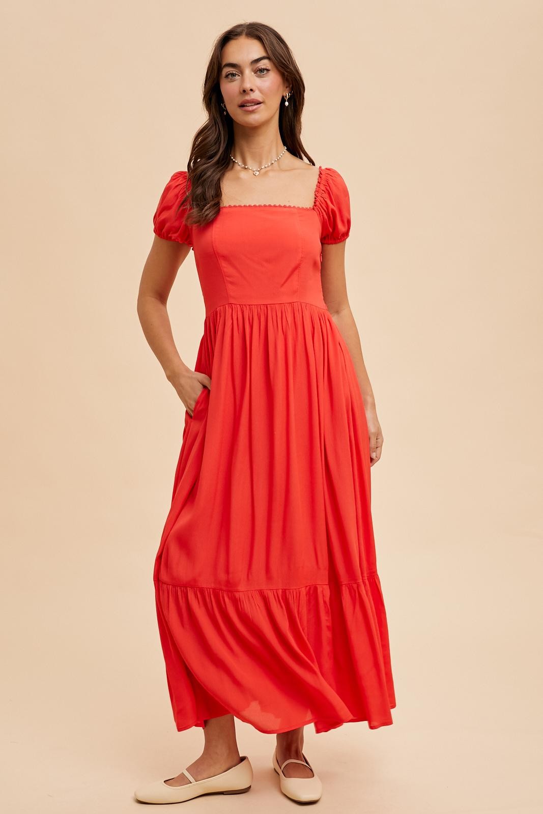 Red Ruffle Detail Square Neck Maxi Dress