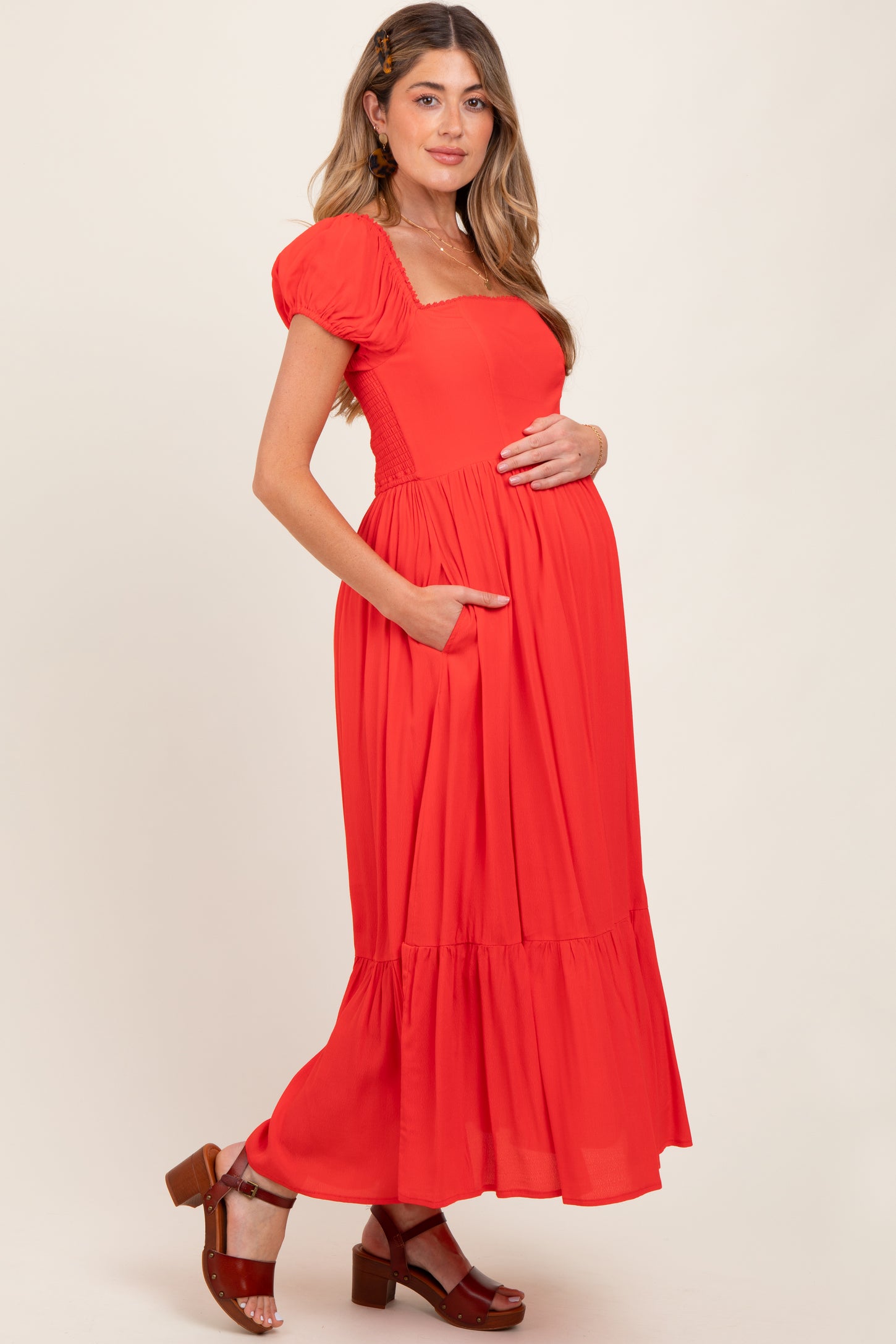 Red Ruffle Detail Square Neck Maternity Maxi Dress