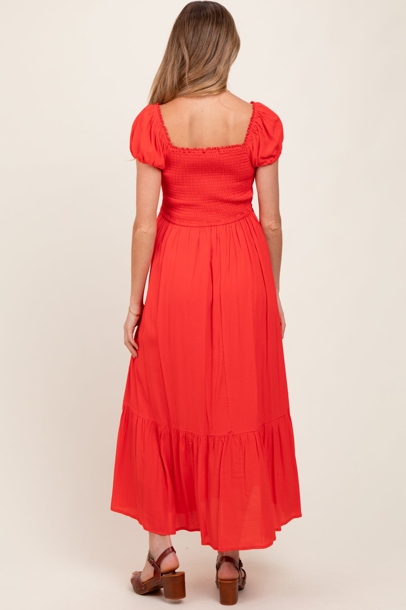 Red Ruffle Detail Square Neck Maternity Maxi Dress