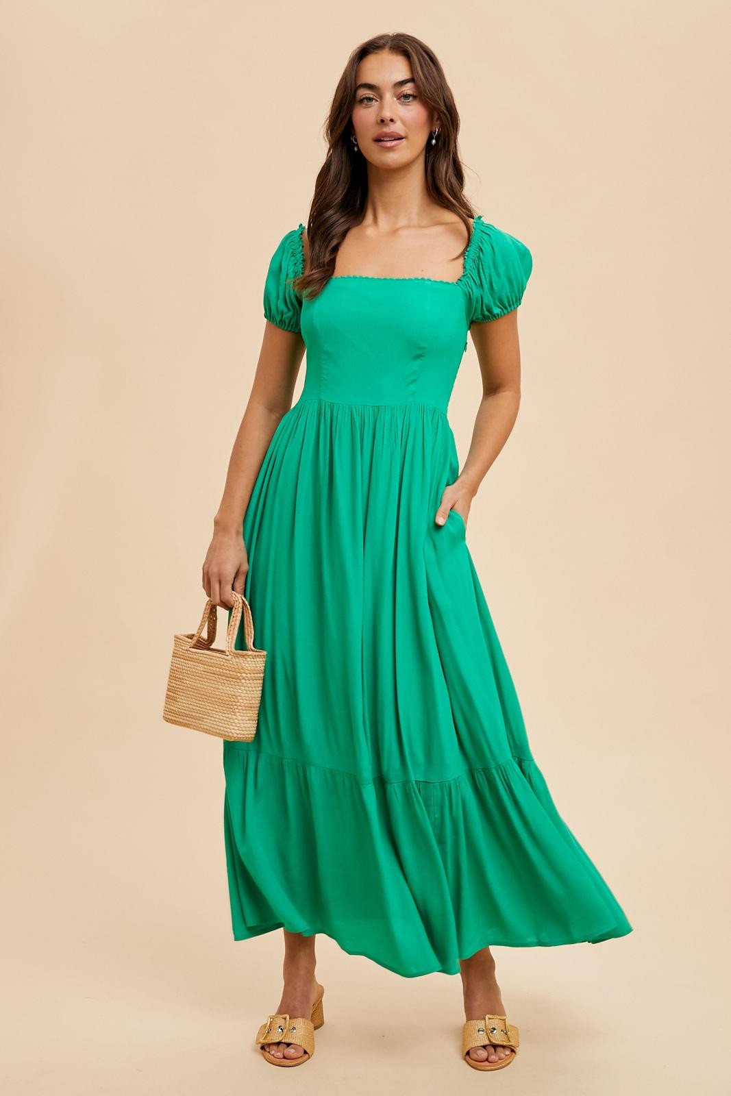 Green Ruffle Detail Square Neck Maternity Maxi Dress