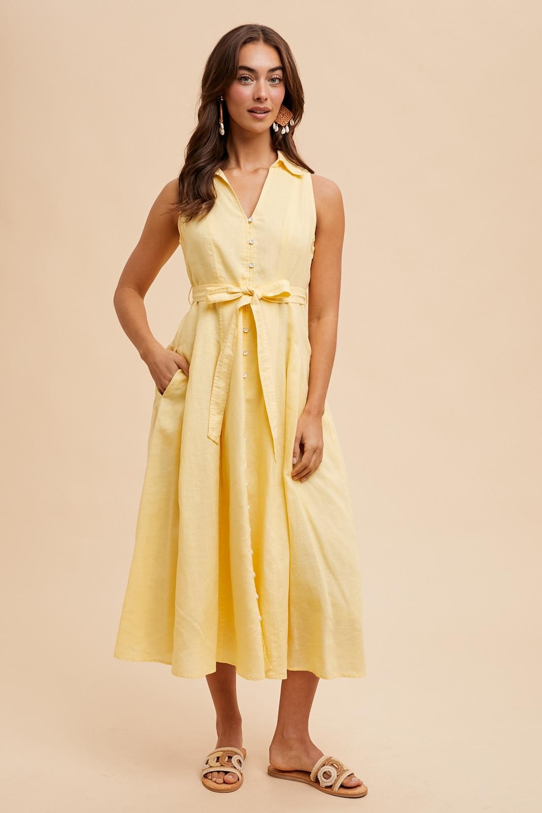 Yellow Sleeveless Linen Blend Midi Shirt Dress