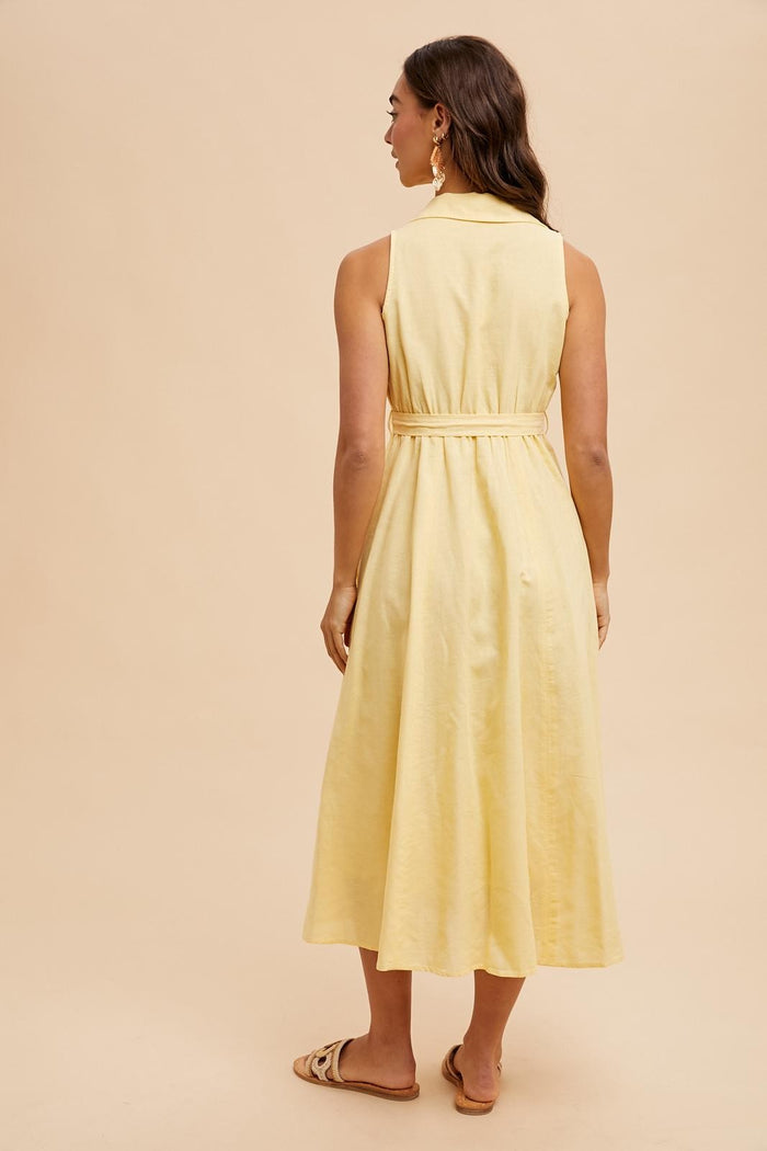 Yellow Sleeveless Linen Blend Midi Shirt Dress