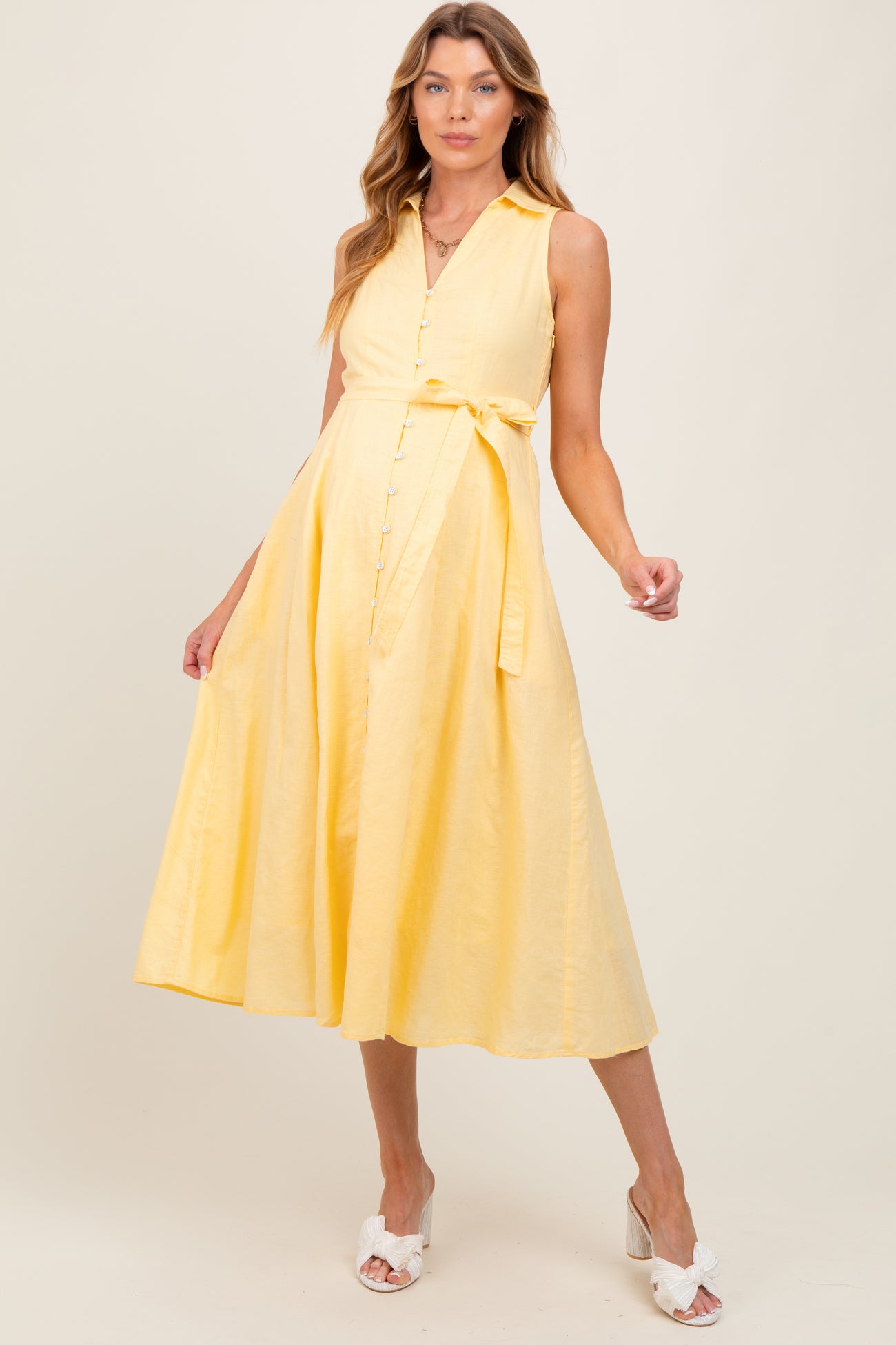 Yellow Sleeveless Linen Blend Maternity Midi Shirt Dress