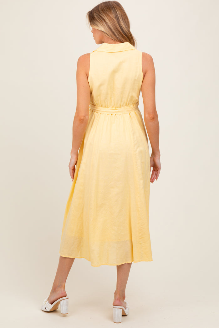 Yellow Sleeveless Linen Blend Maternity Midi Shirt Dress