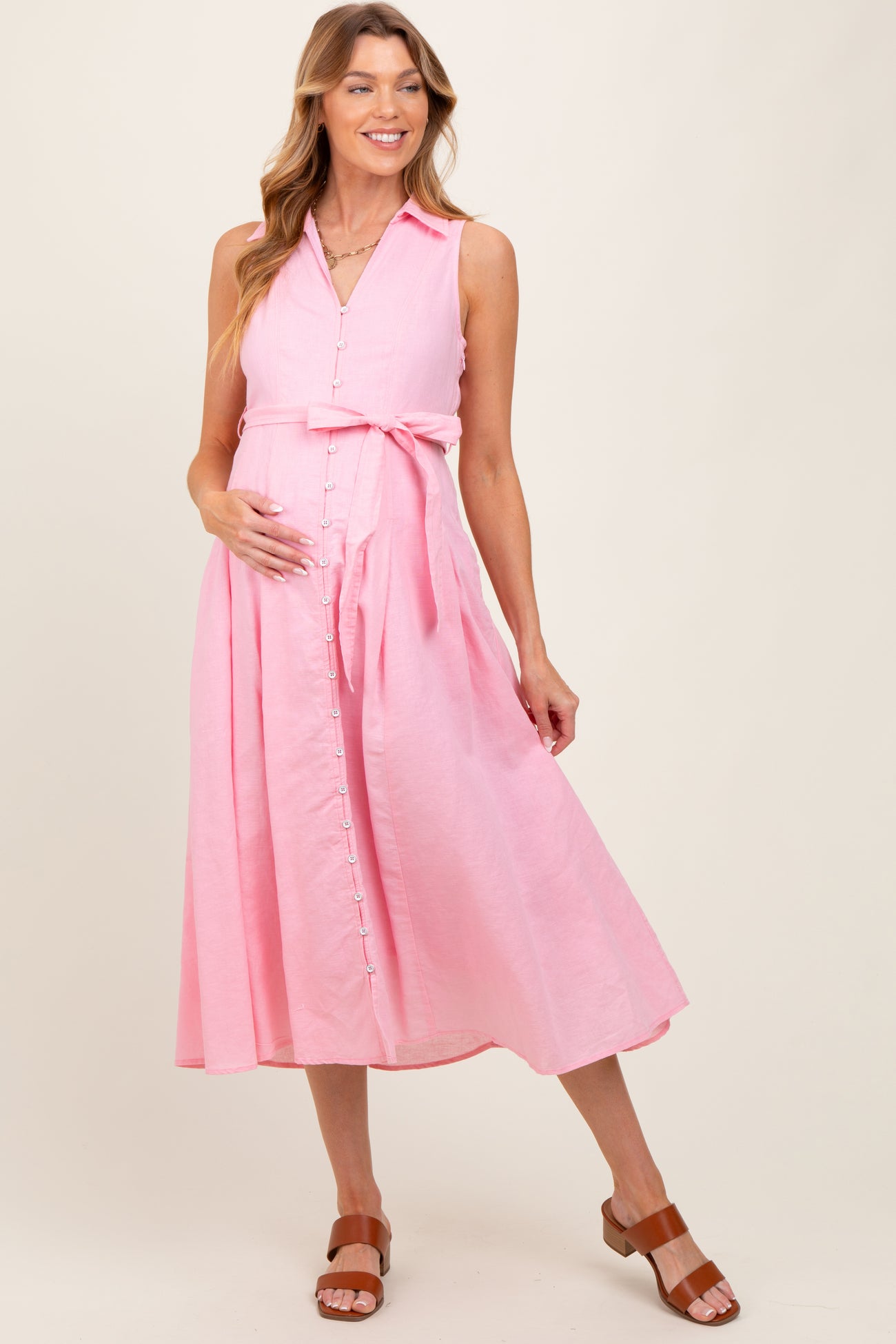 Light Pink Sleeveless Linen Blend Maternity Midi Shirt Dress