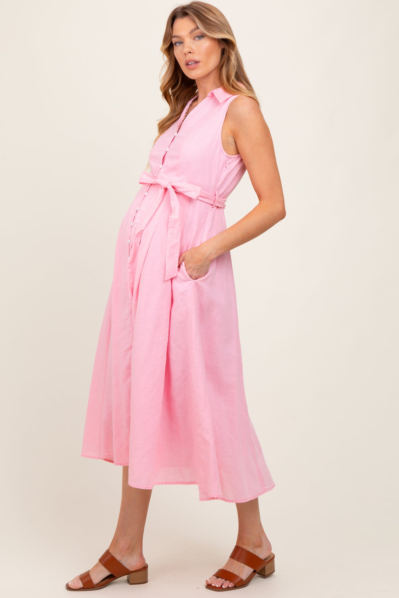 Light Pink Sleeveless Linen Blend Maternity Midi Shirt Dress