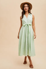 Mint Green Sleeveless Linen Blend Midi Shirt Dress