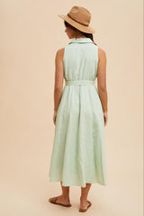 Mint Green Sleeveless Linen Blend Midi Shirt Dress