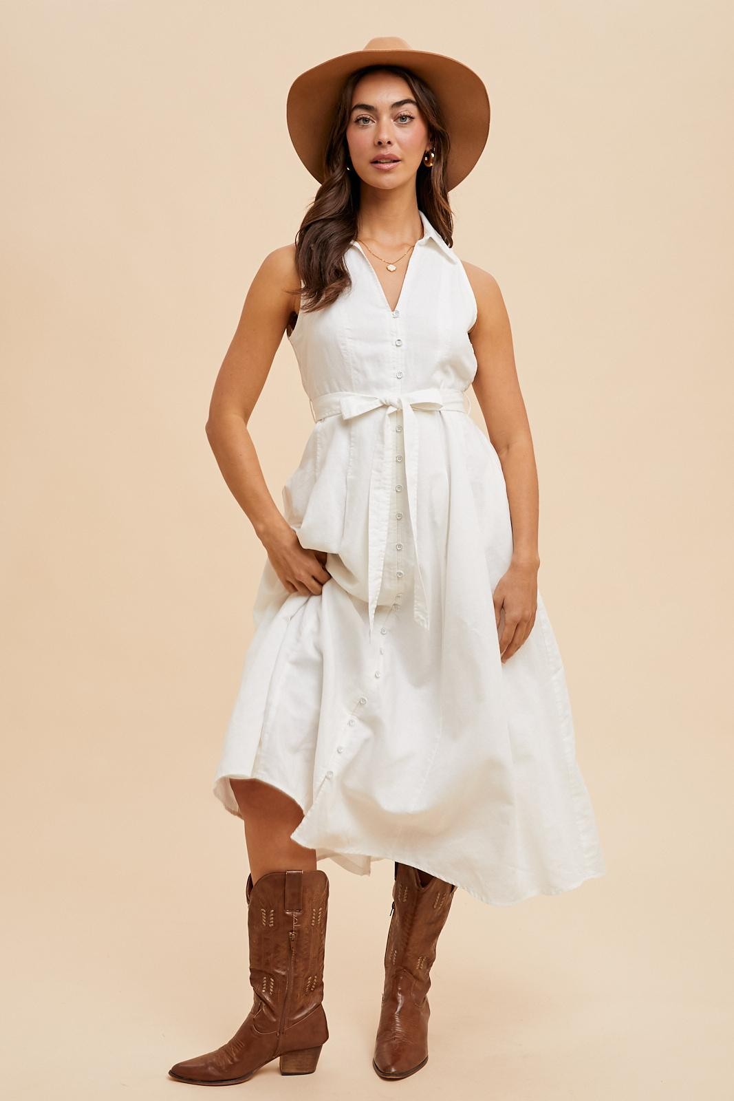 White Sleeveless Linen Blend Maternity Midi Shirt Dress