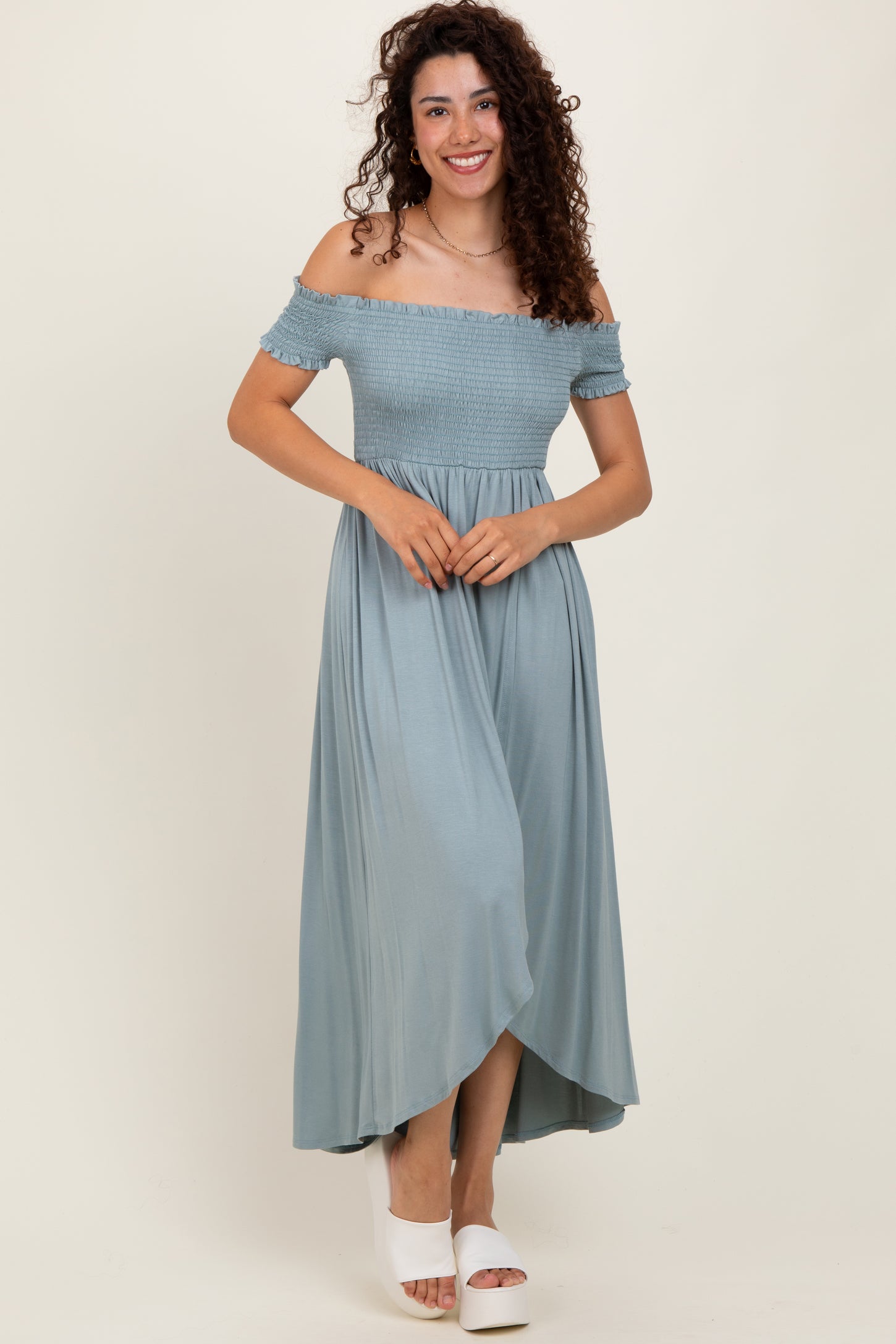 Light Olive Smocked Off The Shoulder Midi Dress