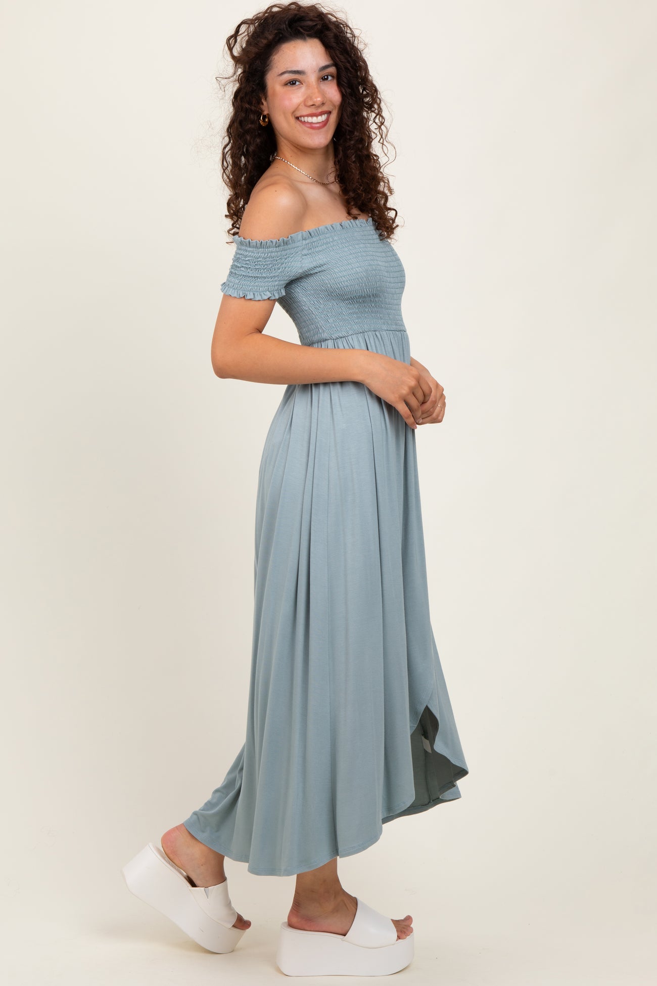 Light Olive Smocked Off The Shoulder Midi Dress