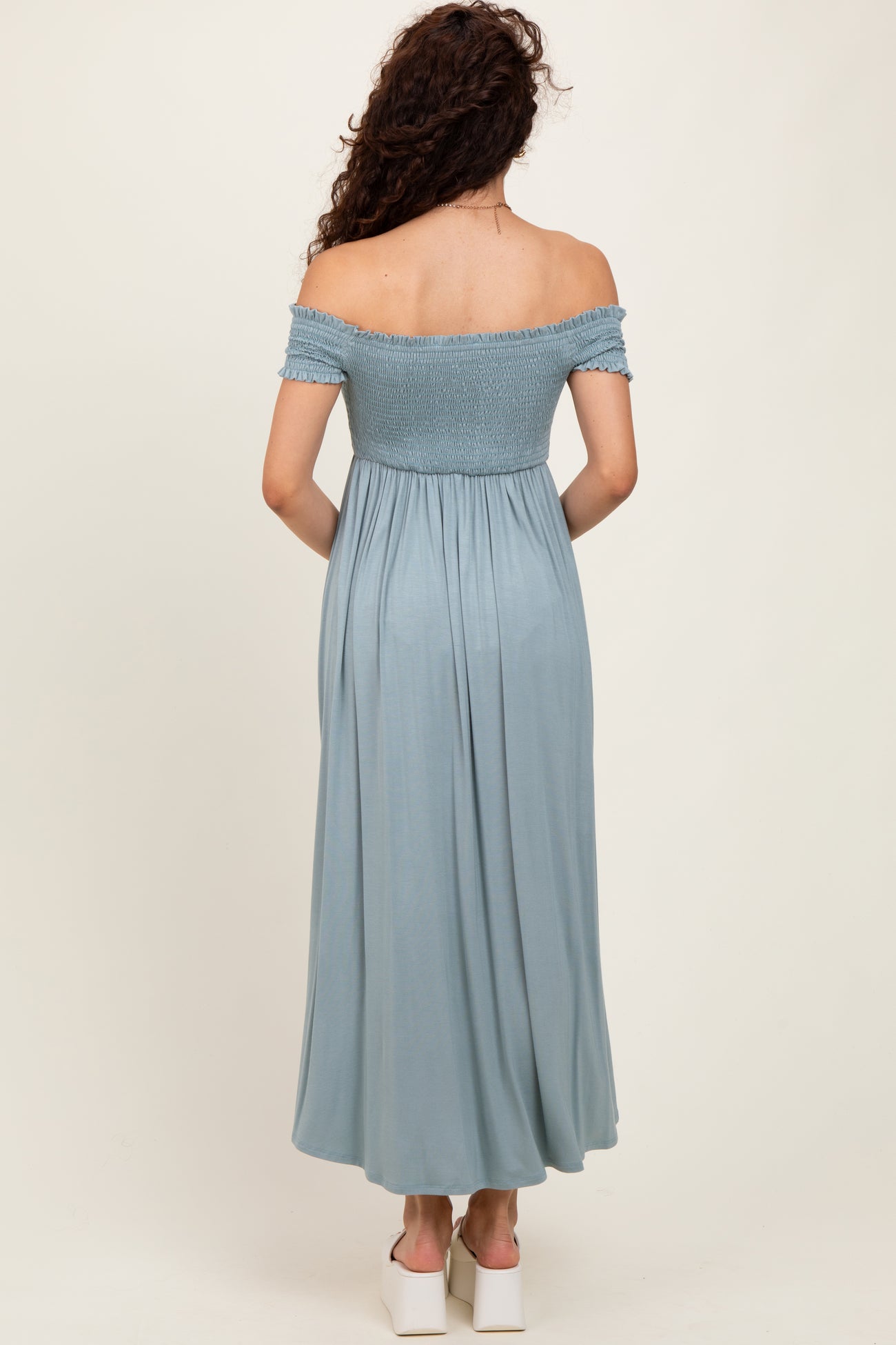 Light Olive Smocked Off The Shoulder Midi Dress