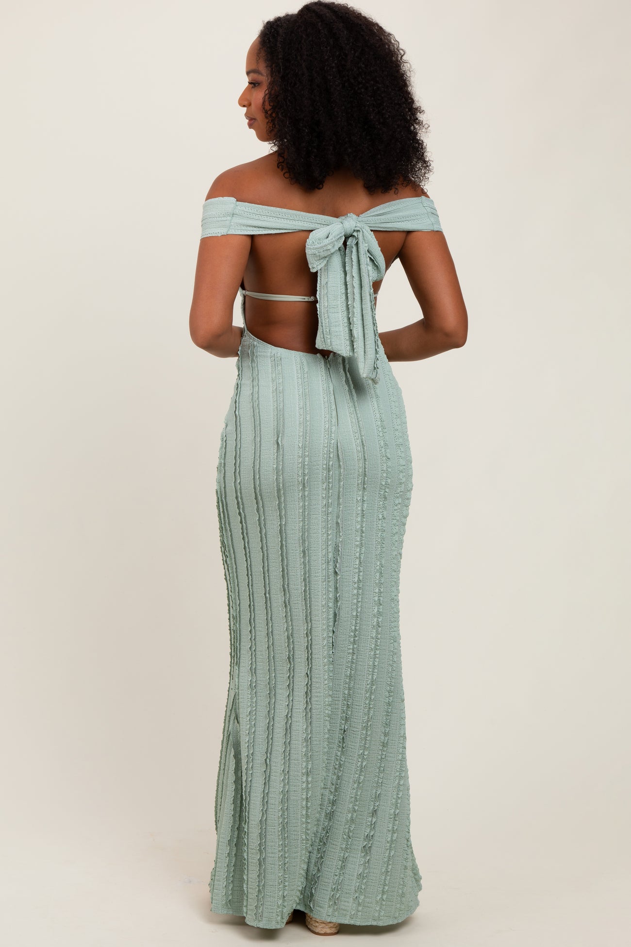 Light Olive Ruffle Texture Convertible Backless Maxi Dress