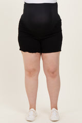 maternity plus black denim shorts with a supportive belly band and frayed hem, model showing baby bump