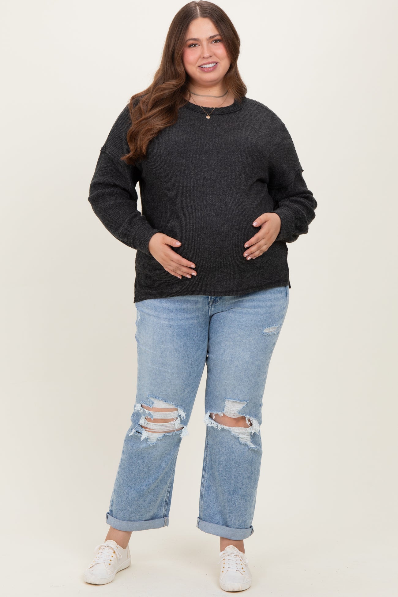 Light Blue Ripped Knee Rolled Cuff Straight Leg Maternity Plus Jeans