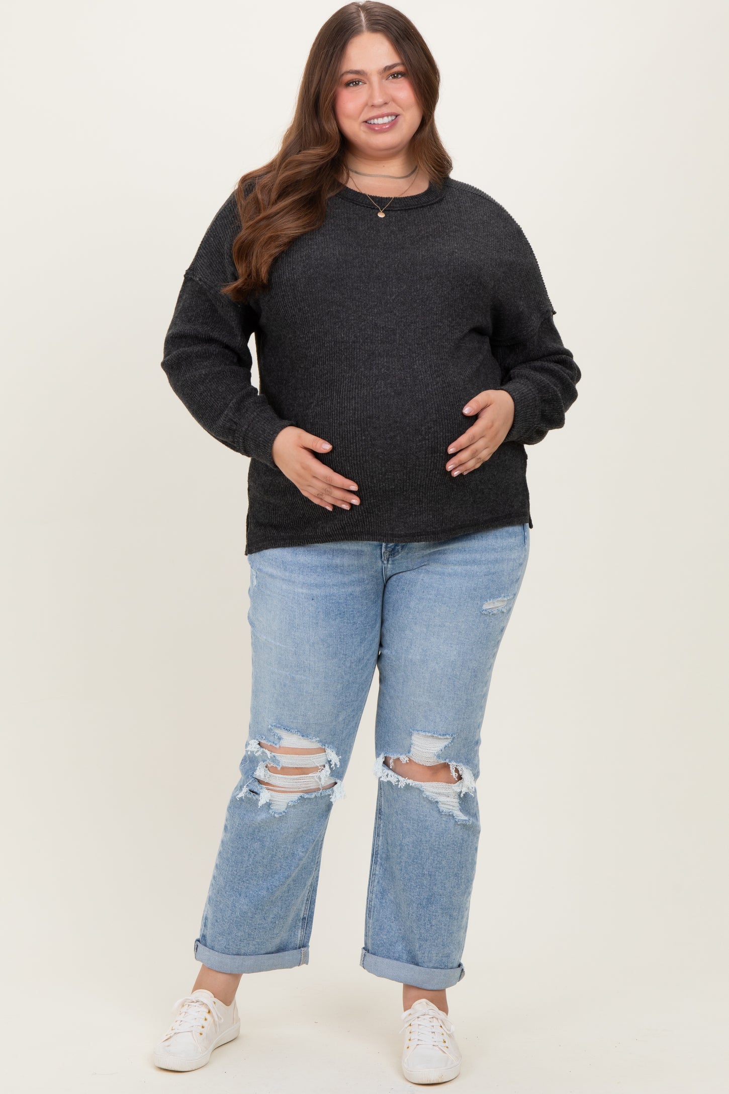 Light Blue Ripped Knee Rolled Cuff Straight Leg Maternity Plus Jeans
