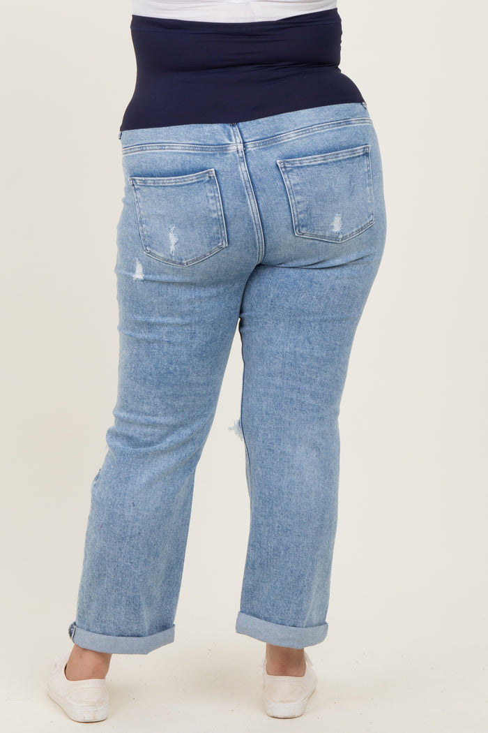 Light Blue Ripped Knee Rolled Cuff Straight Leg Maternity Plus Jeans