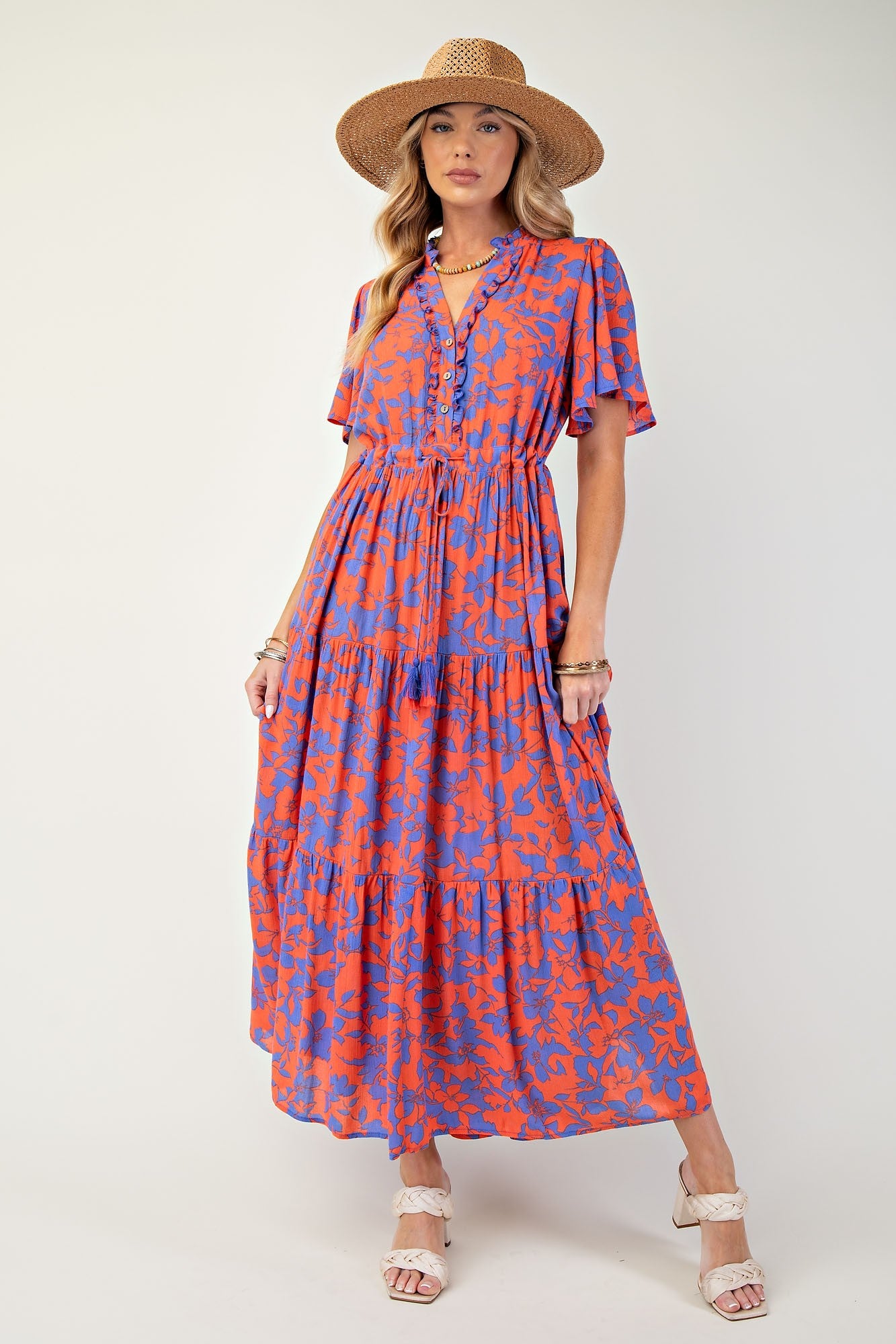 Orange Button Ruffle Detail Maternity Maxi Dress