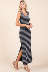 Black Striped Ribbed Sleeveless Side Slit Maxi Dress