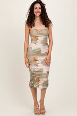 Light Olive Abstract Print Lace Up Back Ruched Midi Dress