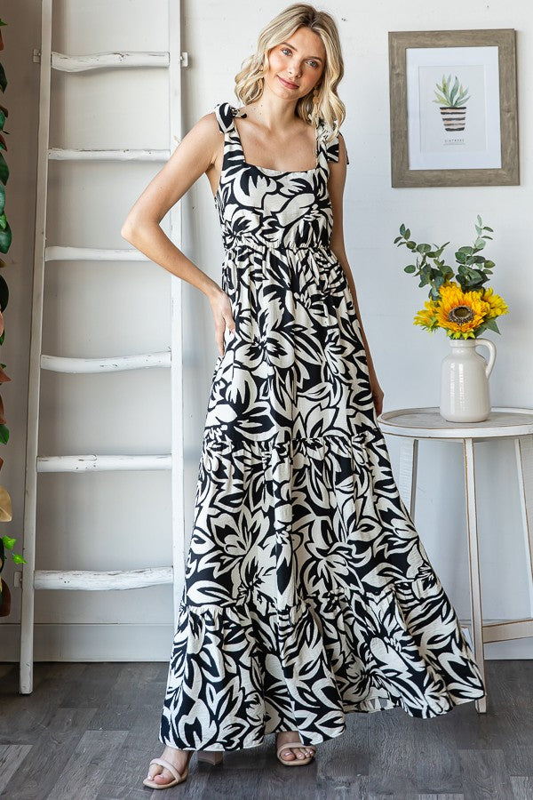 Black Floral Shoulder Tie Tiered Maternity Maxi Dress