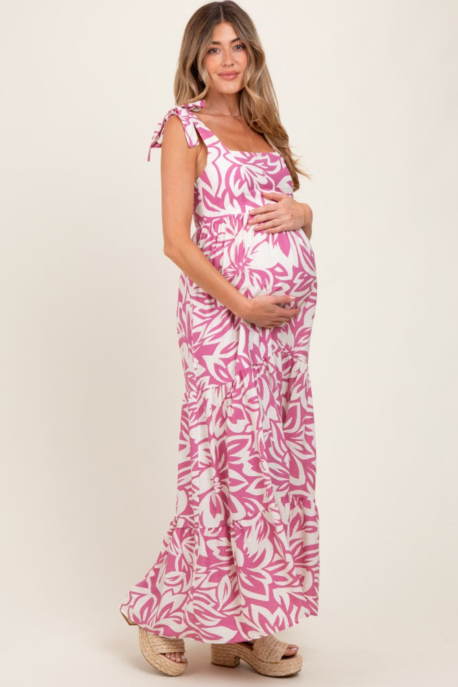 Mauve Floral Shoulder Tie Tiered Maternity Maxi Dress
