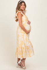 Yellow Floral Ruffle Strap Pleated Bodice Maternity Midi Dress