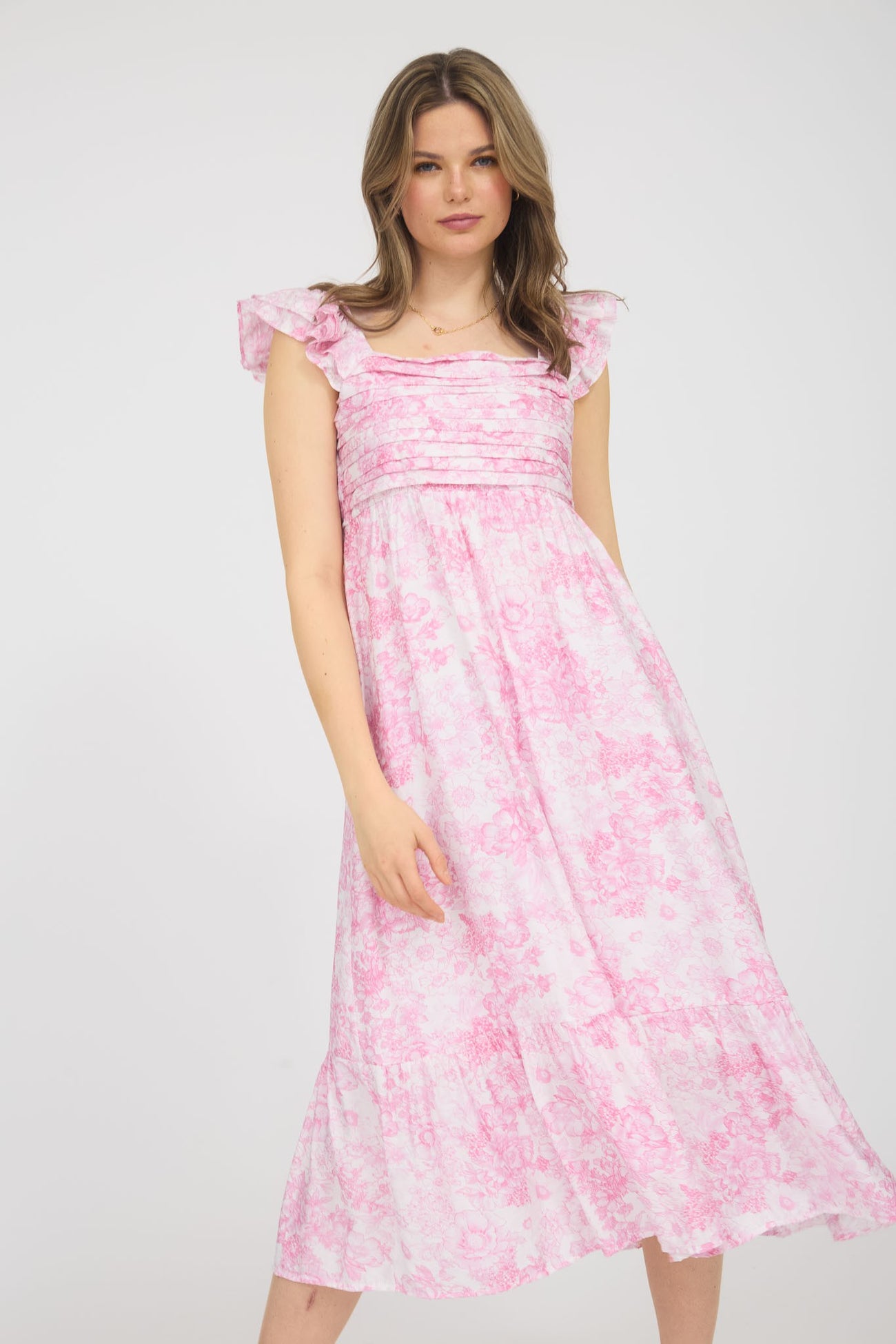 Pink Floral Ruffle Strap Pleated Bodice Midi Dress