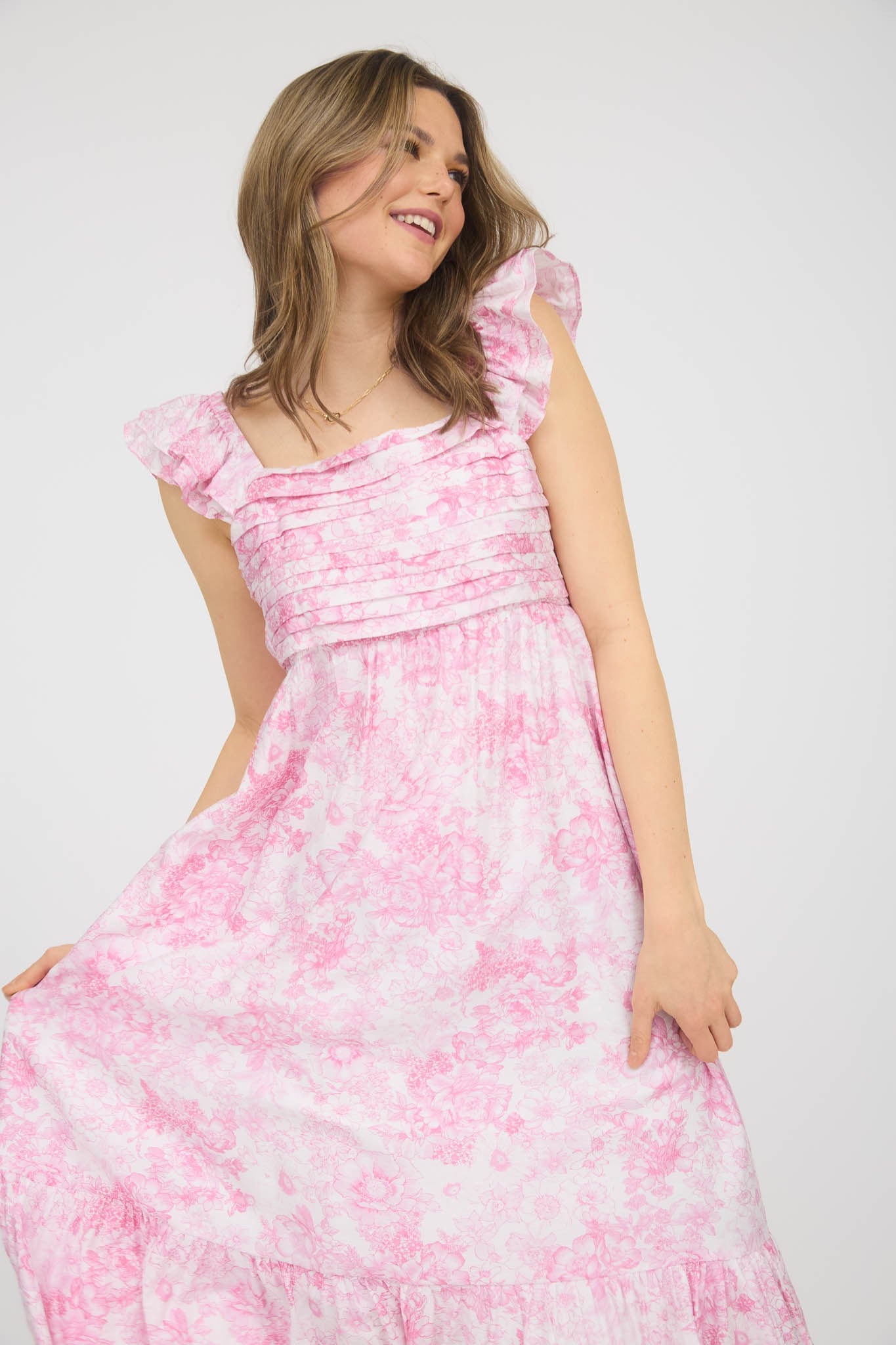 Pink Floral Ruffle Strap Pleated Bodice Midi Dress