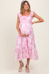 Pink Floral Ruffle Strap Pleated Bodice Maternity Midi Dress