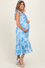 Blue Floral Ruffle Strap Pleated Bodice Maternity Midi Dress